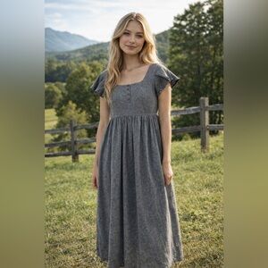 Albion Gray Cotton Smocked Back Prairie Midi Dress Flutter Sleeve Button Front S